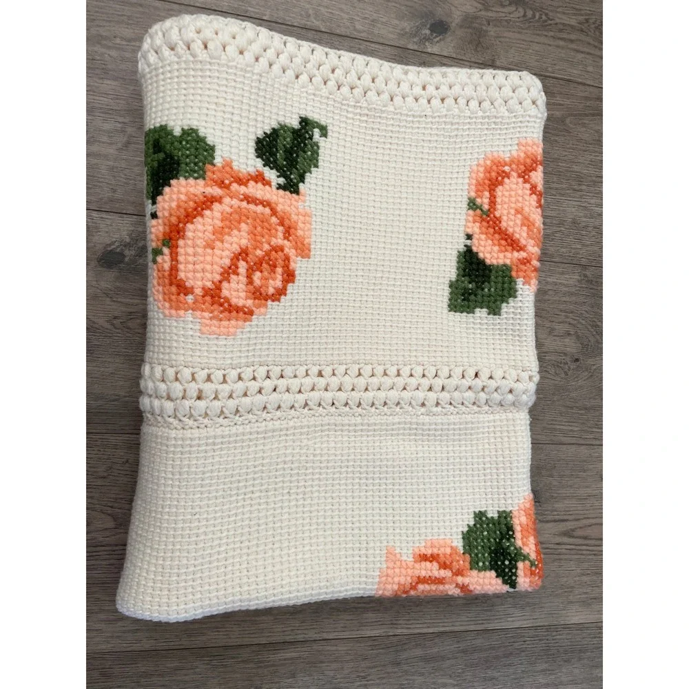 Vintage Handmade Crochet Rose Floral Afghan Throw Blanket Peach Cream 42x68